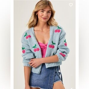 Altar'd State Light Blue Cherry Embroidered Cropped Cardigan